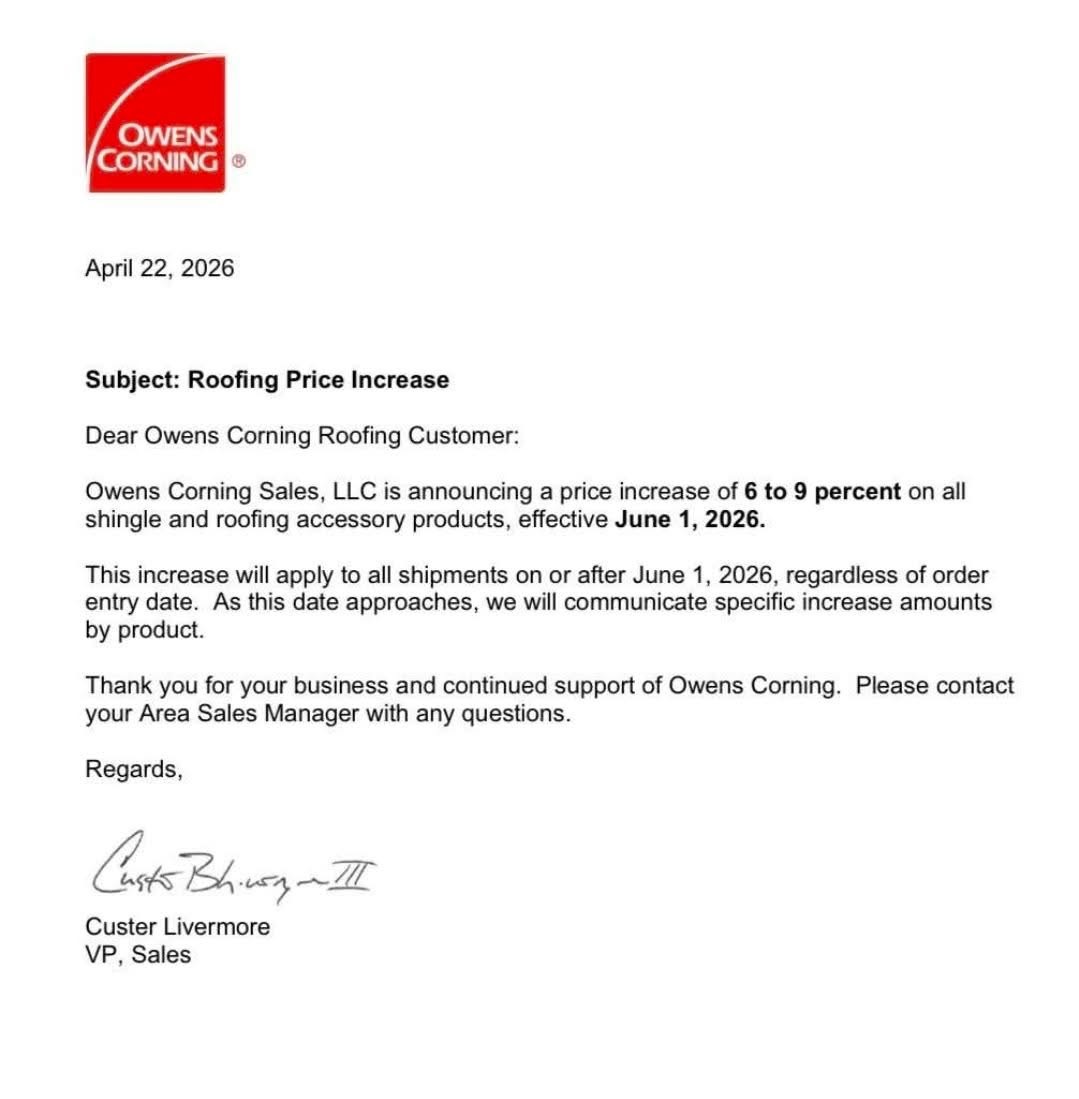 Owens Corning price increase letter dated April 22, 2026